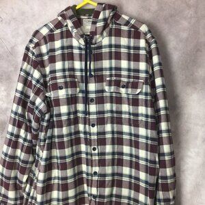 LL Bean Size XL-R Fleece Lined Hooded Shirt Jacket Shacket Plaid Flannel Pockets